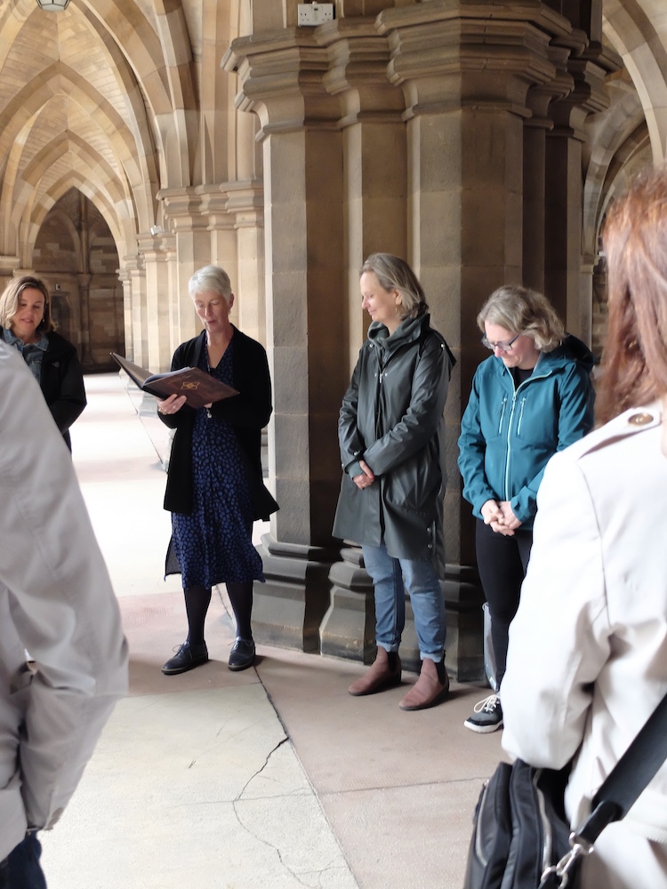 gillian robertson leads a private graduation ceremony in the cloisters of glasgow university